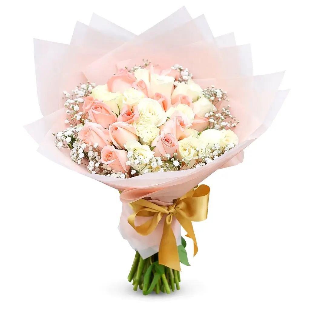 ramo buchón de rosas bicolor rosadas y blancas para regalo especial delivery de flores en Lima